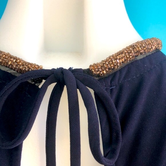 BLUE S NAVY BLUE TANK TOP•BEADED COLLAR TRIM•BACK CUTOUT WITH TIE AT NECK•sz M - Picture 7 of 11